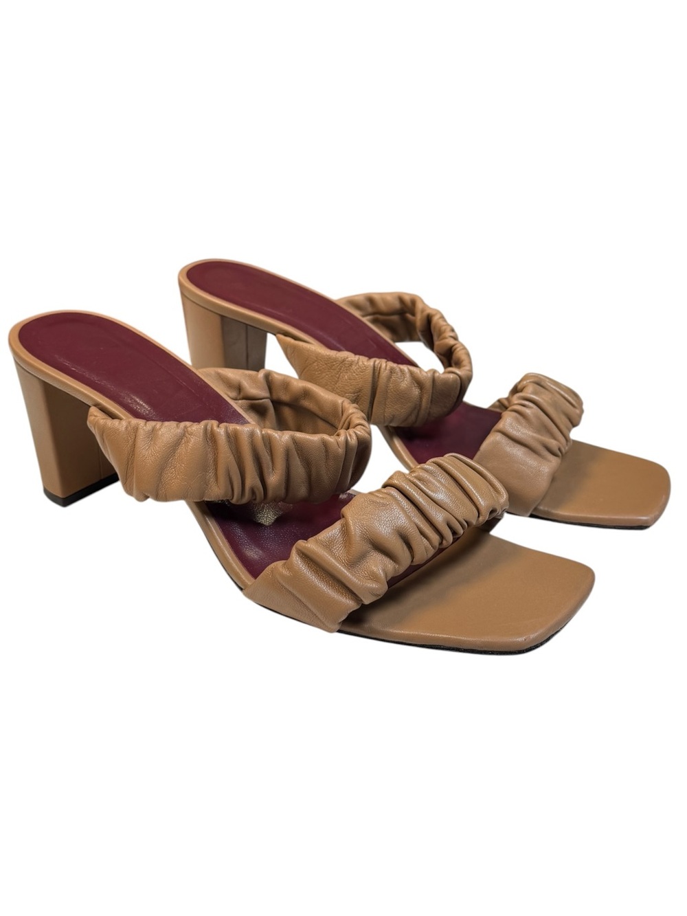 STAUD Frankie Brown Tan Leather Ruched Strap Heels Sandals Block Women's Size 10